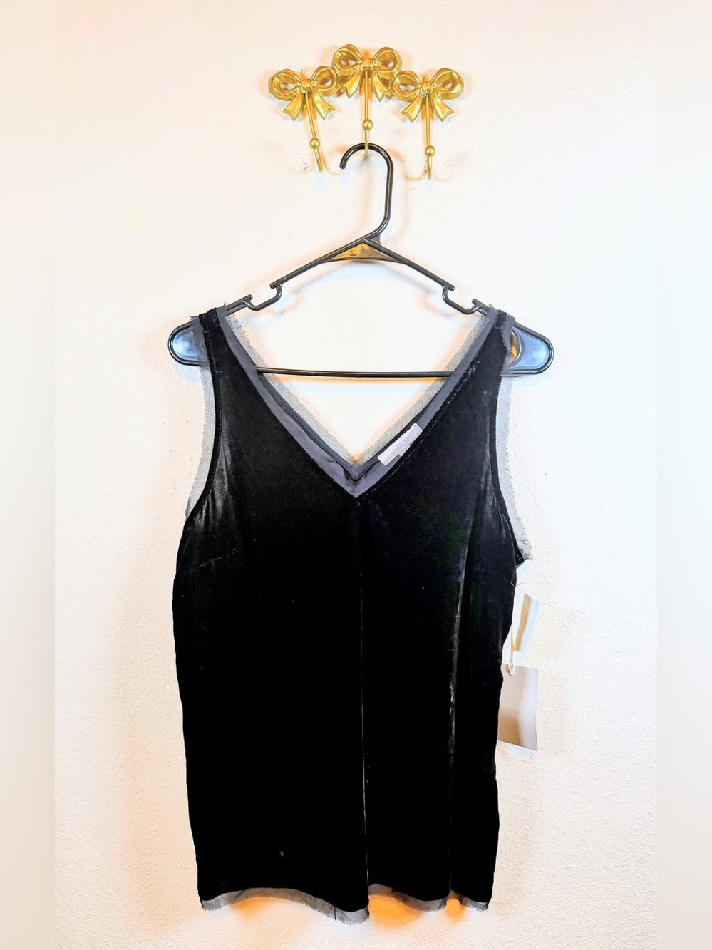 Chelsea 28 Black Velvet Shell with Sheer Fringed Edges. Size S